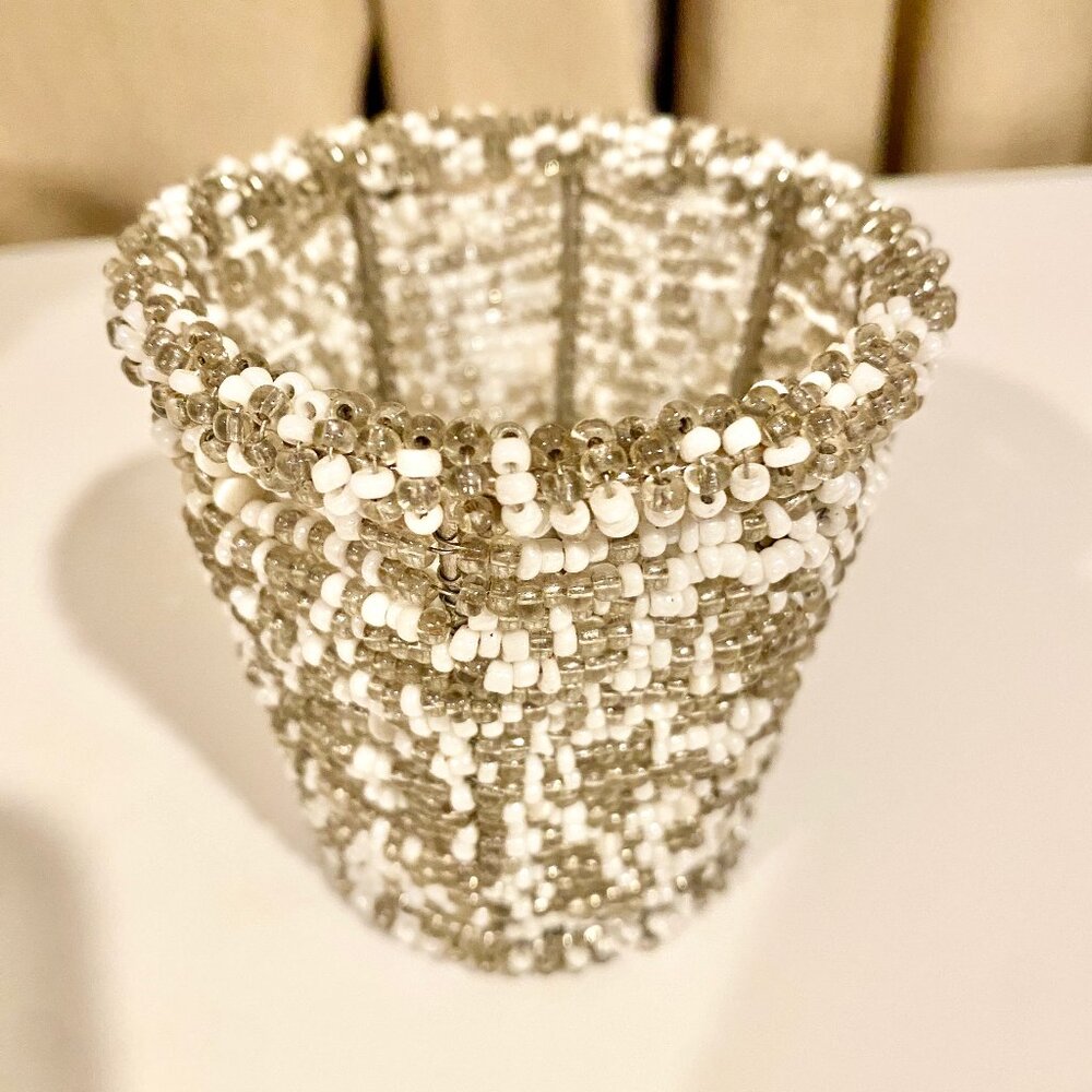 Vintage Glass Beaded Votive‎ Candle or Tea Light Holder with Seed Beading, 3"